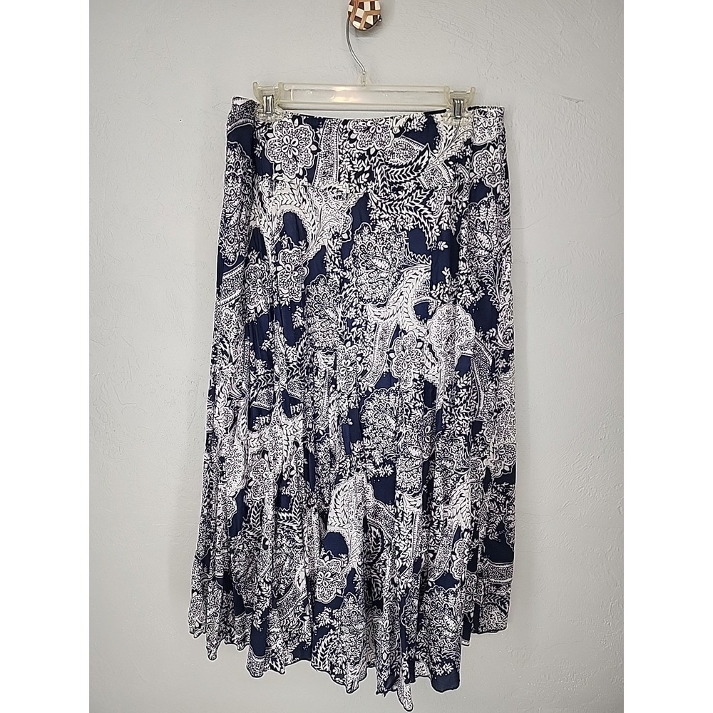 Karen Kane Women Blue White Paisley Print 100% Cotton Maxi Skirt Size Large L